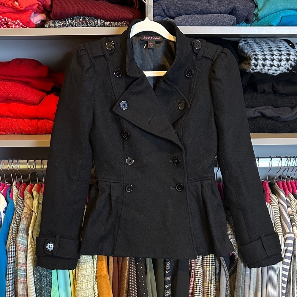 Betsy Johnson black peplum pea coat size 2